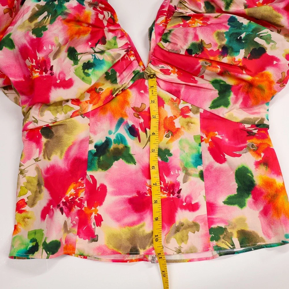J. Crew Puff Sleeve Top Womens Floral V-Neck Bow Back Size 6 Pink Made in India